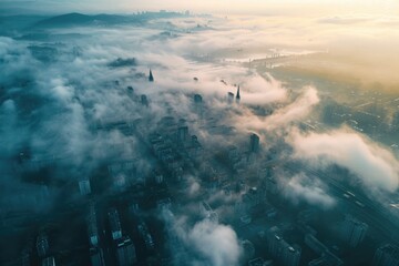 This photo captures a city from above, showcasing the urban landscape enveloped by a dense layer of clouds, A top down view of a city engulfed in morning fog, AI Generated