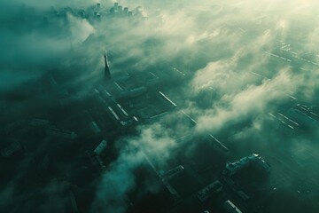 This aerial photo captures the fog-covered cityscape, showcasing the buildings and streets obscured in the mist, A top down view of a city engulfed in morning fog, AI Generated