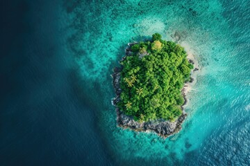 An aerial view of a small island situated in the middle of the expansive ocean, showcasing the isolated landmass surrounded by water, A top-down view of a remote tropical island, AI Generated - obrazy, fototapety, plakaty