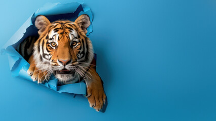This image showcases a vivid representation of a growling tiger bursting through a blue paper...