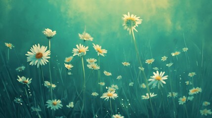 Fototapeta na wymiar Sun-kissed daisies swaying gently in a field of emerald green, kissed by the morning dew.