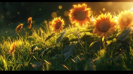 Radiant sunflowers basking in the golden hour glow, casting long shadows on the lush grass below.