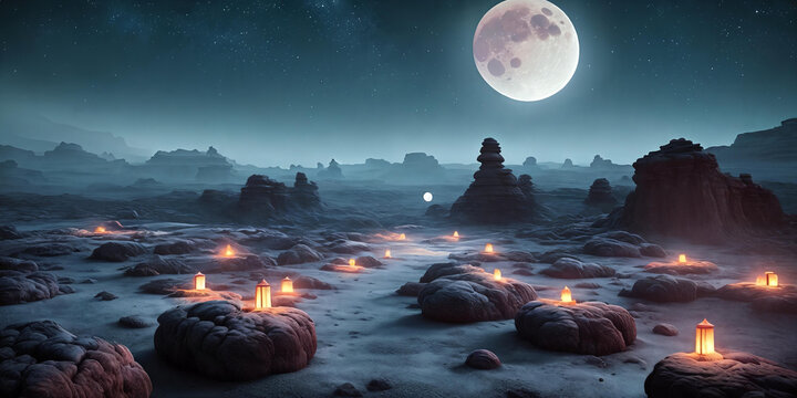 Lunar Dreamscape. Dreamy depiction of a moonlit landscape on a desolate alien world