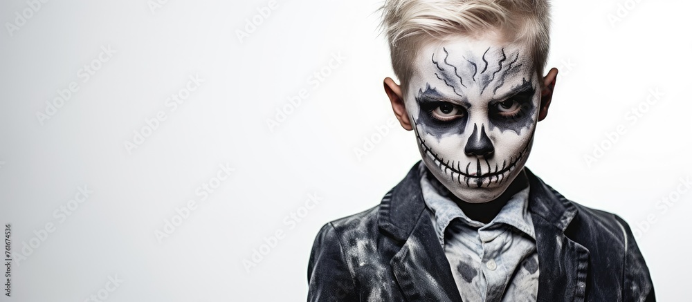 Poster Young boy at an event with his face painted like a skeleton, showcasing jawdropping artistry. His eyelashes pop against the eerie font, embodying a fictional character with a tie and stylish eyewear