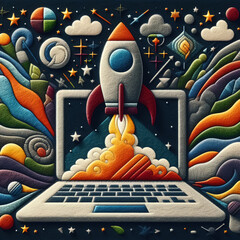 Felt art patchwork, Sleek rocket blasting off from an open laptop screen, symbolizing a startup launch, innovative business concept and the dynamic initiation of a new entrepreneurial venture