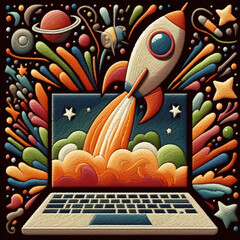 Felt art patchwork, Sleek rocket blasting off from an open laptop screen, symbolizing a startup launch, innovative business concept and the dynamic initiation of a new entrepreneurial venture