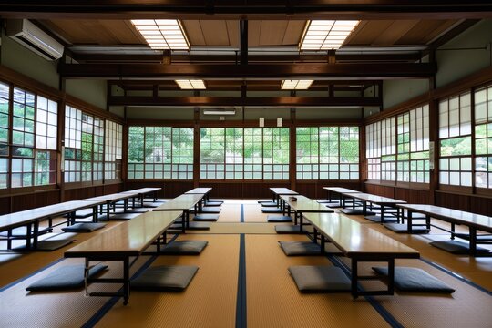 A large room filled with multiple tables and benches, ideal for hosting events and gatherings, A traditional Japanese empty classroom with tatami flooring, AI Generated