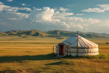 A traditional yurt stands proudly in a vast open field, with towering mountains serving as a breathtaking backdrop, A traditional yurt nestled in the vast Mongolian steppes, AI Generated - Powered by Adobe