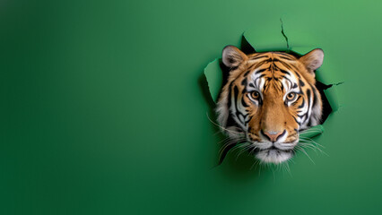 A captivating close-up of a tiger's face framed by a torn green paper backdrop, implying concentration and intent