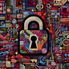 Felt art patchwork, Secure data lock symbol, representing the ongoing battle for cybersecurity and the protection of sensitive information in a high-tech world