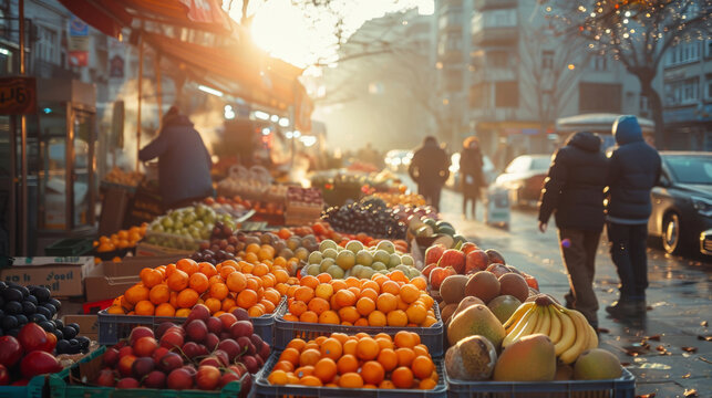 Sunrise over an urban street fruit market bustling with shoppers and vibrant fruit displays in winter.