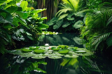 A body of water with vibrant green plants growing abundantly around it, creating a peaceful and captivating scene, A tranquil lake with water lilies surrounded by lush greenery, AI Generated