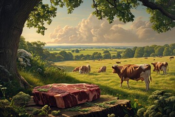 Painting of Cows Grazing in a Lush Green Field, A tranquil pastoral scene with cows grazing in a field, transitioning into a detailed image of a steak, AI Generated - obrazy, fototapety, plakaty