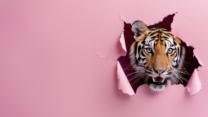 A curious tiger glances through a gap in pink paper, an artistic blend of wildlife and abstract backdrop