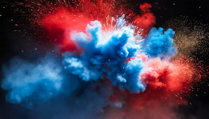 Obraz na płótnie Canvas Background of dust explosions colored in red, white, and blue. A burst of fiery American flag colors 