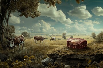 A group of cows peacefully grazing on a vibrant green field, A tranquil pastoral scene with cows grazing in a field, transitioning into a detailed image of a steak, AI Generated - obrazy, fototapety, plakaty