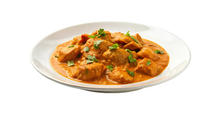 White plate of butter chicken curry. isolated on transparent background.