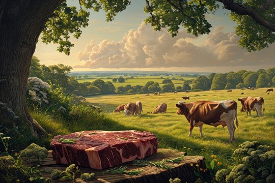 Painting of Cows Grazing in a Lush Green Field, A tranquil pastoral scene with cows grazing in a field, transitioning into a detailed image of a steak, AI Generated