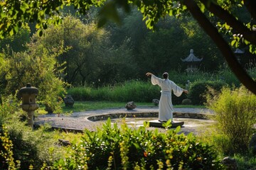 A bronze statue of Jesus stands tall in a park, surrounded by lush green trees and colorful flowers, A tranquil tai chi practice in a peaceful garden, AI Generated