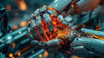 Close-up of a robotic hand with illuminated circuits and hydraulics.