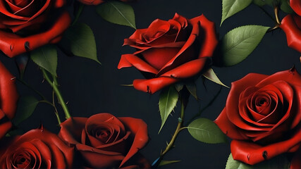 Flowers, scarlet colored roses on a dark background - obrazy, fototapety, plakaty