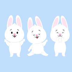 Set of cute cartoon white bunnies in different poses and with different emotions