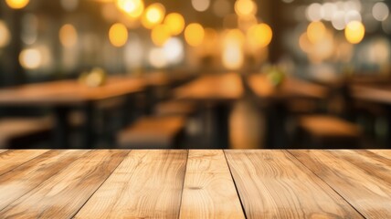 The empty wooden table top with blur background of restaurant. Exuberant image. generative AI