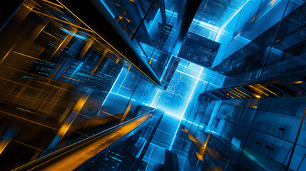 Pièce perspective infini d'un centre de données virtuel, reflets miroirs bleus