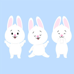 Obraz na płótnie Canvas Set of cute cartoon white bunnies in different poses and with different emotions