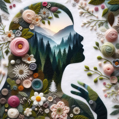 Felt art patchwork, Double exposure of a woman's head with forest landscape in the background