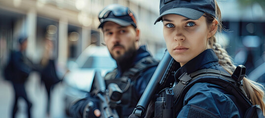 Fototapeta premium Professional Male and Female Armed Guards on Duty