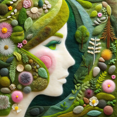 Felt art patchwork, woman's face profile with environmentally concept