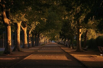 A serene street with trees on both sides and a bench, providing a place to rest and enjoy the...