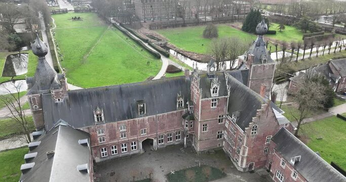 University castle Arenberg. Arenberg Castle is a castle in Heverlee Leuven. Historic monument, aerial drone view.