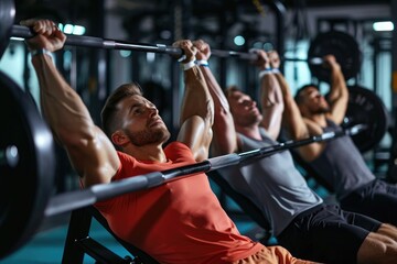 A group of men engaging in various workouts and exercises at a modern gym, A trio doing a bench press in synchronization at the gym, AI Generated - obrazy, fototapety, plakaty