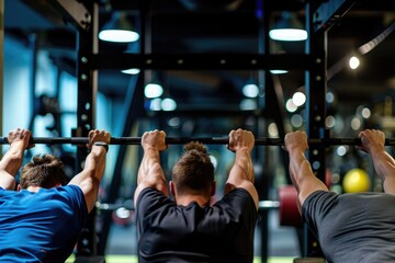 Two men are working out with barbells, engaging in strength training exercises, at a gym, A trio doing a bench press in synchronization at the gym, AI Generated