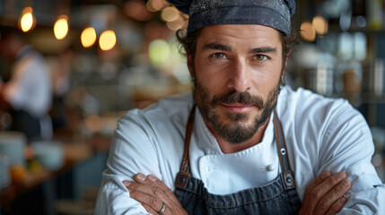 Fototapeta premium A man cook with a beard and mustache is smiling for the camera. He is wearing a blue shirt and apron. man, arms crossed on his chest, in an apron and a chef hat, with a mustache and beard, brutal