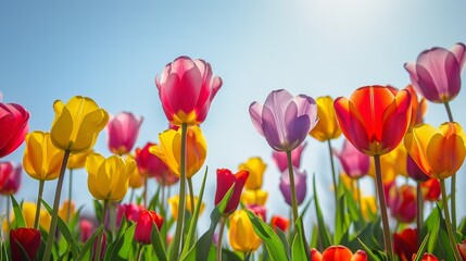 Vibrant tulips painting the landscape with a kaleidoscope of colors against a clear blue sky.