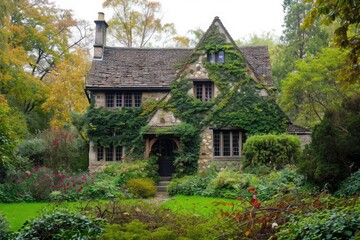 Fototapeta na wymiar A two-story Victorian house with a beautiful and abundant ivy covering its walls, A Tudor-style cottage with ivy-clad walls sitting amidst an English garden, AI Generated