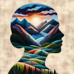 Felt art patchwork, Double exposure of a woman's head with mountains in the background