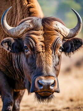 Close-up portrait of a bull in the wild