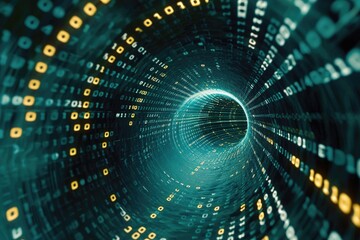 An abstract image showing a tunnel made up of numbers, creating an intriguing and complex visual representation, A tunnel of swirling binary code, AI Generated