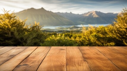The empty wooden brown table top with blur background of New Zealand nature. Exuberant image. generative AI - obrazy, fototapety, plakaty