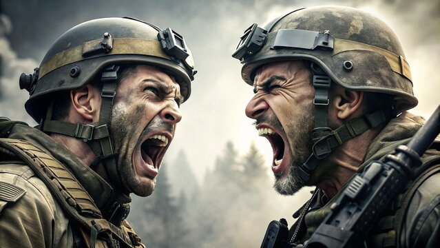 2 SWAT SPECIAL FORCES SOLDIERS LOOKING AT EACH OTHER WITH THEIR MOUTHS OPEN SCREAMING AT EACH OTHER