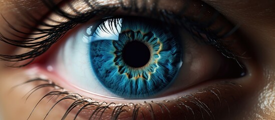 Macro photography of a brown iris with long eyelashes, capturing the intricate details of the human body. The electric blue circle of the iris is a work of art - obrazy, fototapety, plakaty