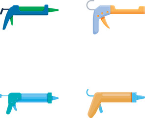 Silicone gun icons set cartoon vector. Metal silicone caulk gun. Construction and repair equipment