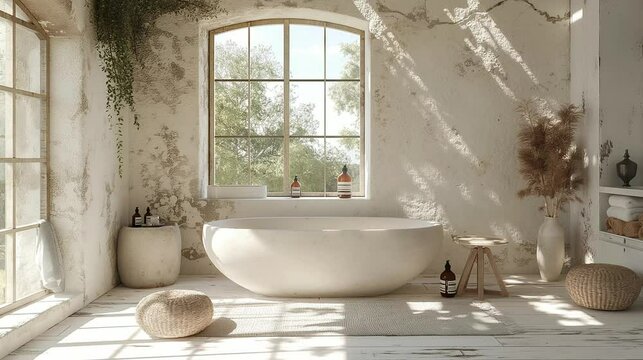 cozy boho bathroom interior house in white colors