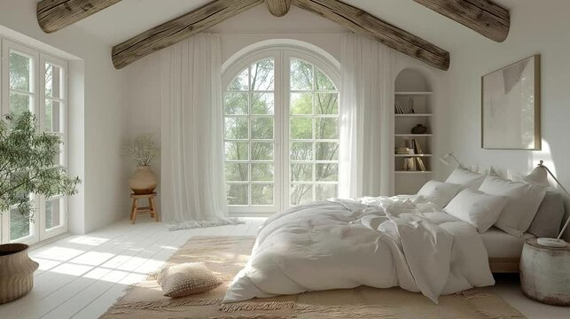 cozy boho bedroom interior in white colors
