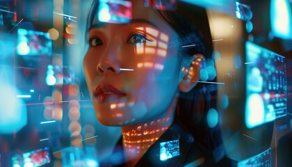 Close-up of businesswoman surrounded by 3D holograms with messages, data concept.