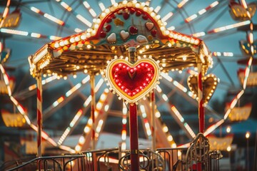 A vibrant merry-go-round adorned with a heart-shaped ornament spins joyfully against a blue sky backdrop, A Valentine-themed carnival with heart-shaped Ferris wheel, AI Generated